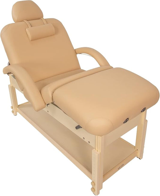 Professional Massage Table - Heavy Duty Stationary Spa Bed with Adjustable Headrest and Pneumatic Lift System - Includes Headrest and Arm Rests - Beige