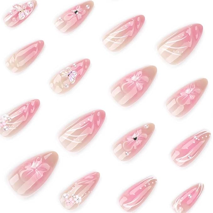 Almond Press on Nails -Soft Gel Medium Pink Fake Nails French Glossy Butterfly Artificial Nails 3D Flower Design Nails Clear,24pcs