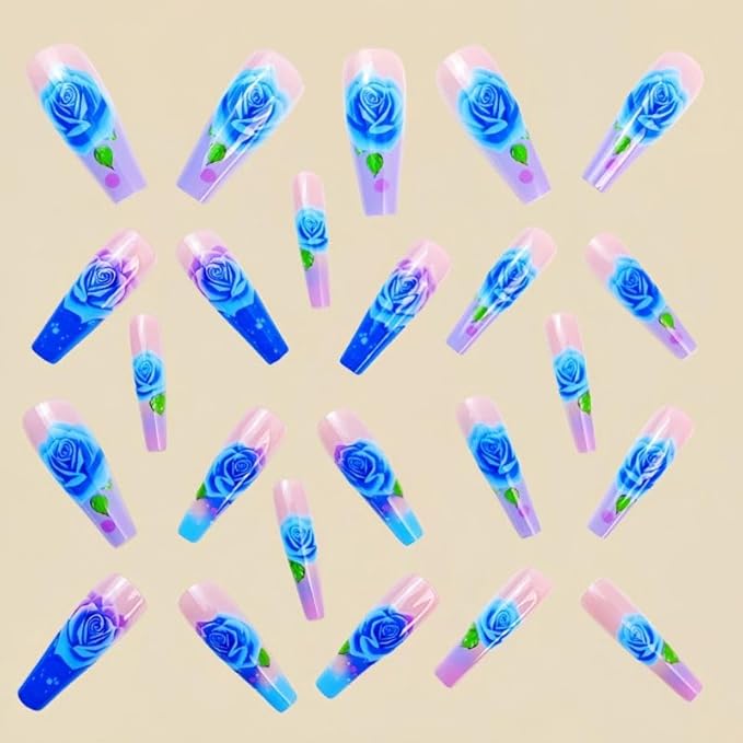 Long Press on Nails Coffin Shape Blue Acrylic Nails with Flower Design Fake Nails Hot Girl Glue on Nails for Prom and Party Gift for Women 24pcs