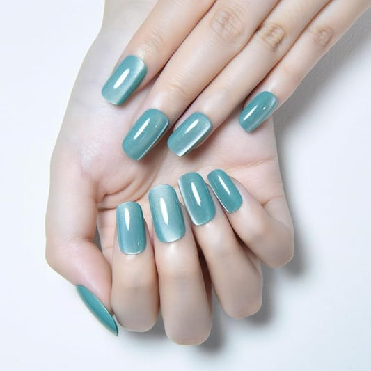 Light Cyan Cat Eye Press on Nails Medium Square, Medium Square Press Glue on Nails Chrome for Women Gift, Green Holographic Glitter Glossy Reusable Gel Acrylic Fake Nail with Designs Cateye Effect