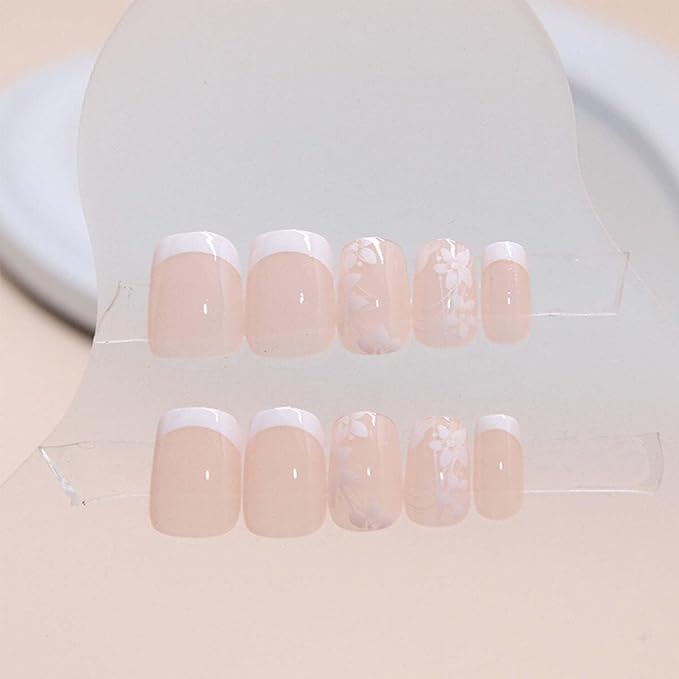 French Tip Press on Nails Square Fake Nails Short False Nails with Flower Design Nude Acrylic Nails Glue on Nails Full Cover Artificial Nails Stick on Nails Reusable for Women Manicure Art 24Pcs