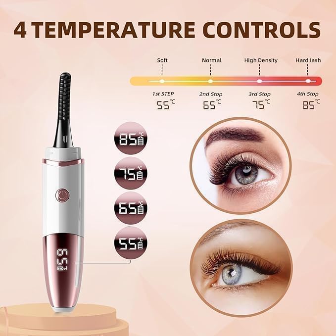 Heated Eyelash Curler, Fast Heat up Within 10s, 24 Hours Long Lasting, Rechargeable Electric Eyelash Curler, Temperature Control, Mini Lash Curler Safe Anti-Burn Eyelash Curle, with LED Display-White