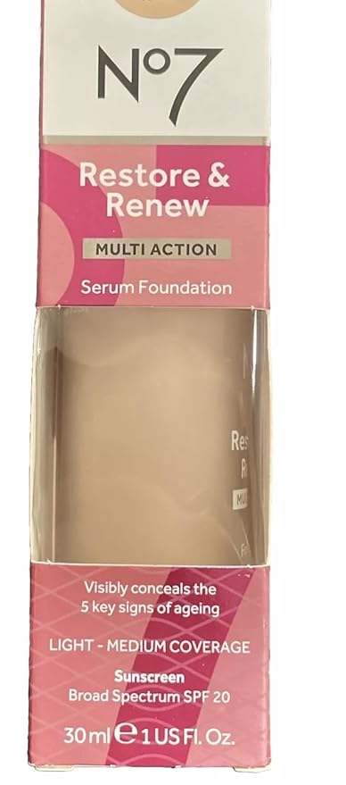 No7 Restore & Renew Multi Action Serum Foundation - Porcelain - Liquid Foundation Makeup with Vitamin C, Vitamin E & Collagen for Face - Beauty Skin Serum Formula with Medium Coverage (30ml)