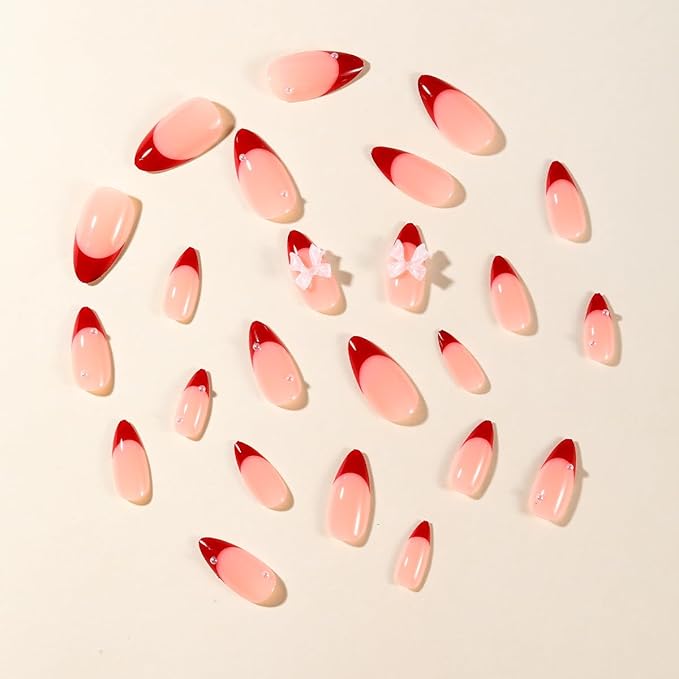 24Pcs Red French Tip Press on Nails Medium Almond Fake Nails with 3D Pearl Valentines False Nails Bow Nails Charms Glue on Nails Glossy Full Cover Stiletto Acrylic Nails for Women Girls Manicure
