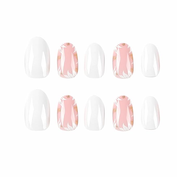 Almond Medium Oval Flower False Nails - Glossy Glue On Nails, Nude Full Cover Acrylic - 24 Pcs