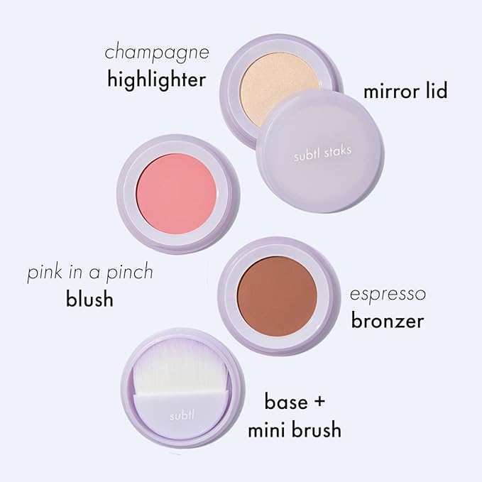 Subtl Beauty 3-in-1 travel makeup kit by subtl staks | powder blush, bronzer, and highlighter | includes mirror lid and mini brush | for dark-deep skin tones