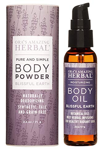 Ora's Amazing Herbal Talc Free Powder and Body Oil, Lavender Bath Set, After Shower Set, Blissful Earth Scent With Lavender Vetiver and Clary Sage, Intertrigo, Natural Skin Care
