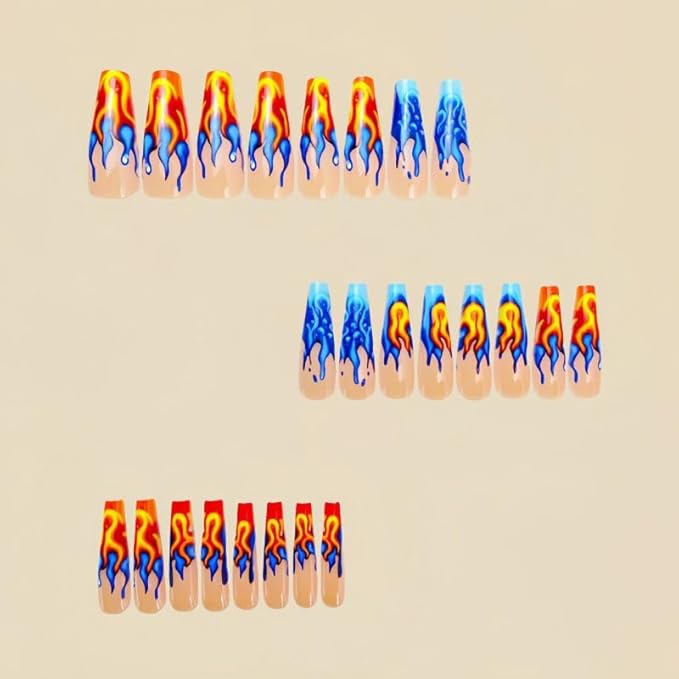 Hot Girls Press on Nails Long Length Coffin Shape with Fire Design Fake Nails for Prom and Party