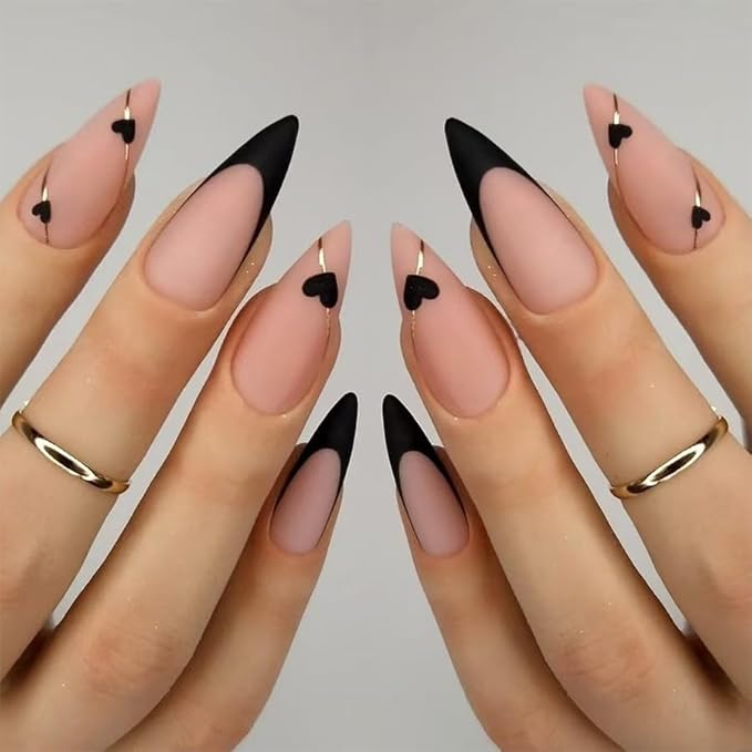 2 Packs 48Pcs Almond Press on Nails Medium Valentine's Day Fake Nails Red Black French Tip Nails Press on Heart Love False Nails Reusable Artificial Acrylic Nails for Women Girls Nails Decoration Kit