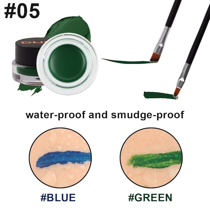 evpct Blue & Green Gel Eyeliner Waterproof Smudge Proof for Waterline Eyebrow Cream Pomade Set with Brushes, Long Wear