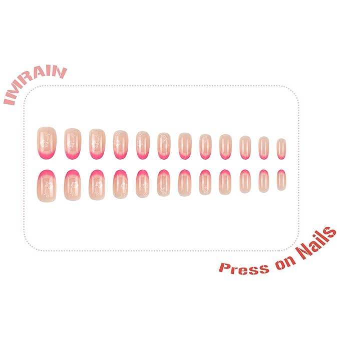 IMRAIN French Tip Press on Nails Almond Medium Fake Nails Pink Gradient Glossy Acrylic Nail Supplies White Flower Designs Glue on Nails Full Cover Oval False Nails for Women Girls 24Pcs