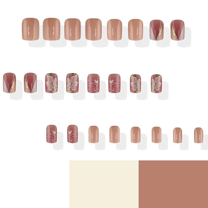 24Pcs Flower Press on Nails Short Square French Tip Fake Nails with White Gold Gilding Design Spring Stick on Nails Full Cover Artificial Glue on Nails Cute False Nails Glossy Nail Supplies for Women