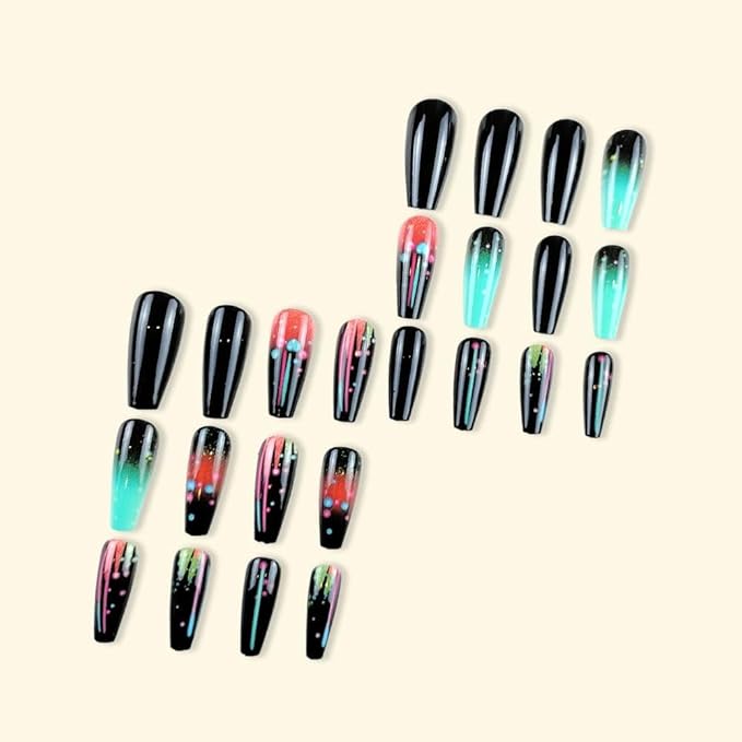 Coffin Press on Nails Long Stick on Nails Black False Nails with Design Artificial Nails for Women 24pcs