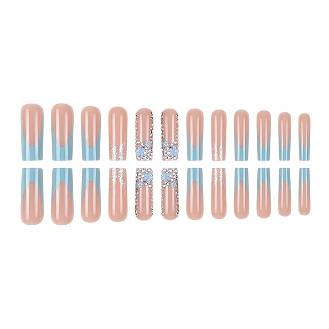 Long Press on Nails Square Fake Nails French Tip False Nails Blue Artificial Nails with Designs Stick on Nails for Women 24pcs