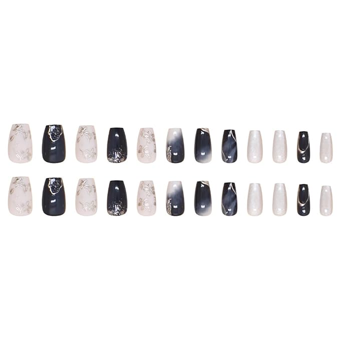 24Pcs Blue Press on Nails Medium Coffin Fake Nails Embossed Peach Blossom with Glitter Designs Full Cover Silver Chrome Glue on Nails Handmade False Nails for Women Girls Acrylic Nail Decorations