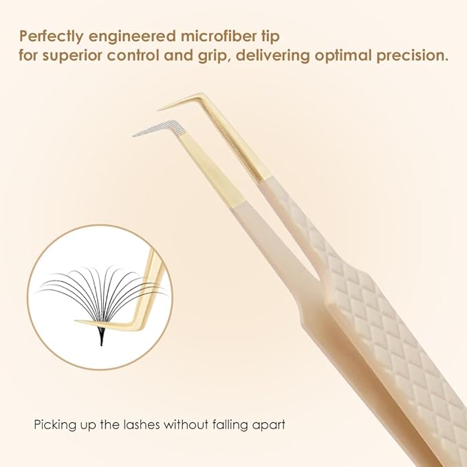 Beige Fiber Tip Lash Tweezers for Eyelash Extensions – L Shape 90-Degree for Volume Fan Making, Professional Precision Lash Extension Tweezers