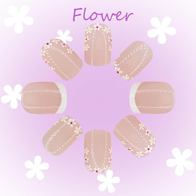 Short Press on Nails Square Fake Nails Natural Flower Glue on Nails Full Cover Nude Acrylic Nails with Spring Summer Design White French Tip False Nails for Women Girls DIY Manicure 24 Pcs