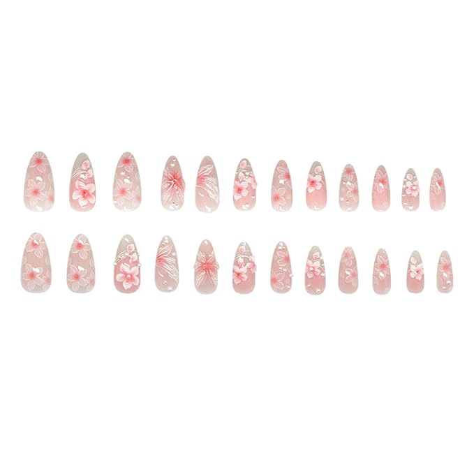 24Pcs Ice Flower Lines Gradient Press on Nails Medium Almond Fake Nails Pearl False Nails Glossy Full Cover Artificial Glue on Nails Pink Floral Stick on Nail Cute Fingernails Manicure for Women