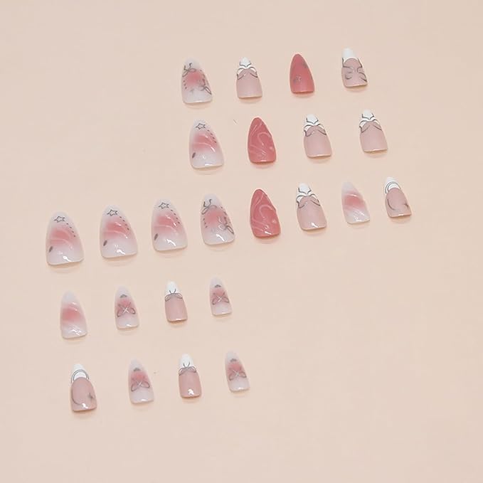 24Pcs Pink Almond Acrylic False Nails - Bow, Heart, Star, Glitter Design - Full Cover, White French Tip - DIY Nail Art Tools Included