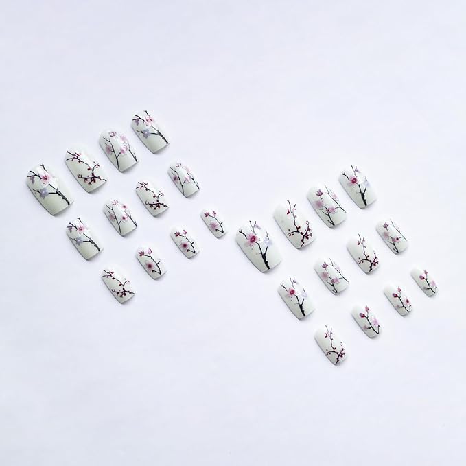 24Pcs Sakura Press on Nails Medium Square Fake Nails Flower False Nails Glossy Full Cover Artificial Glue on Nails Spring Stick on Nails Cute Nail Supplies for Women Girls DIY Manicure Decoration