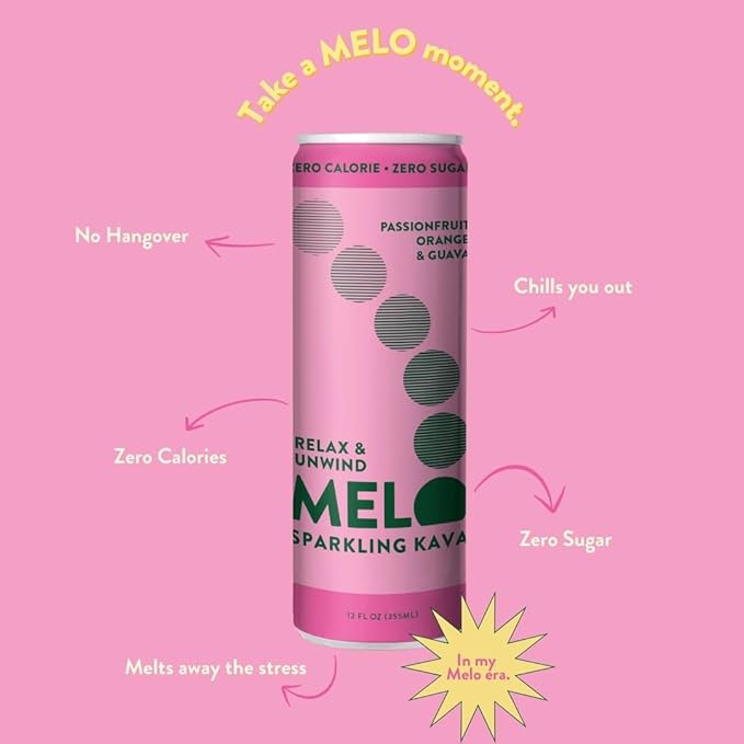 Melo Sparkling Kava Drink, Passionfruit, Orange & Guava, Sugar Free Non Alcoholic Drinks with Zero Calories, Gluten Free, Vegan, 100% Natural Mocktail with 750mg Kava Root per Drink, 12 Pack, 12 oz Cans