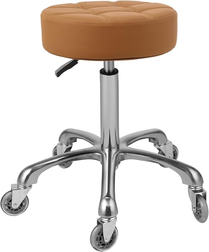 Kaleurrier Adjustable Rolling Stool for Salon: Heavy Duty Swivel Chair with Wheels for Hairdresser Esthetician Lash Tech - Spa Home Office Kitchen Dental Tattoo Shop Use - Seat Height 22”-30” - Camel
