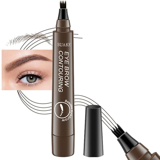 evpct 1Pcs Dark Brown Magic Microblading Eyebrow Contouring Pen Pencil, 4 Tipped Precise Brow Pen with Sponge Micro-Fork Tips Applicator, Create Natural Looking Brows Eyebrow Makeup Long Lasting