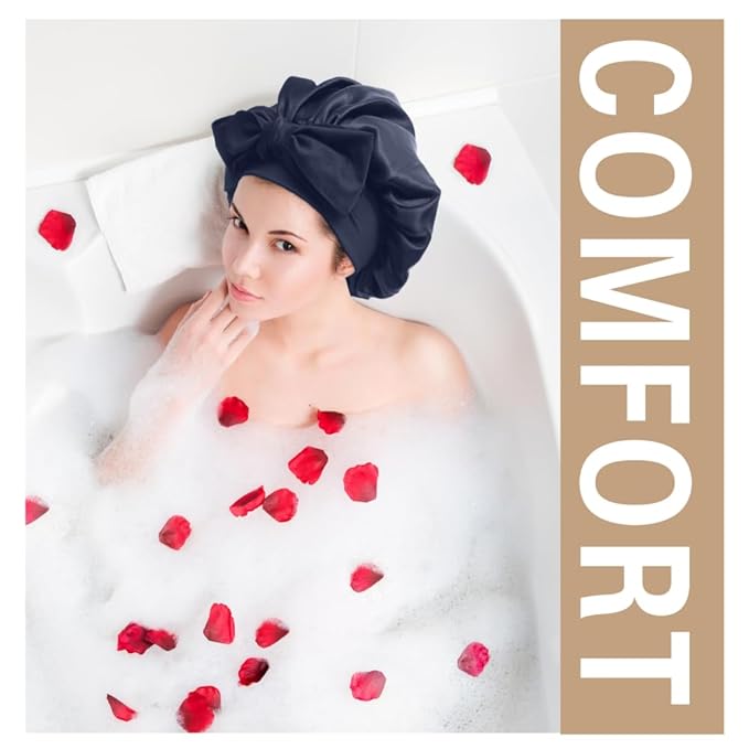 Silk Bonnet for Sleeping Women, Ajustable Hair Bonnet for Curly Hair with Tie Band Shower Caps Bark Blue，Large