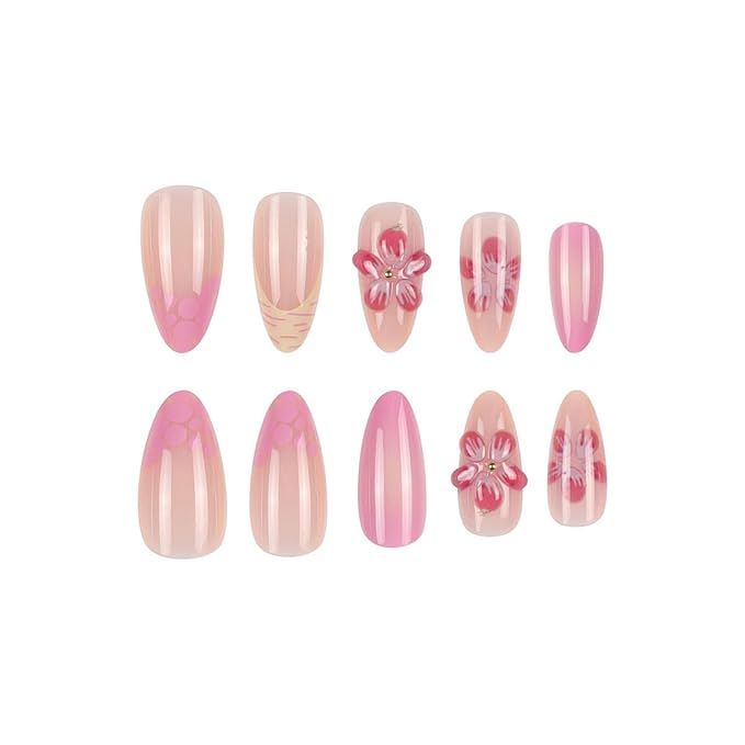 Short Press on Nails Almond Nails Tips Autumn Fake Nails French Tip Glue on Nails Nude Gloss Acrylic Nail Reusable 3D Flower Stick on Nail Full Cover False Nail for Women Manicure Accessories 24Pcs