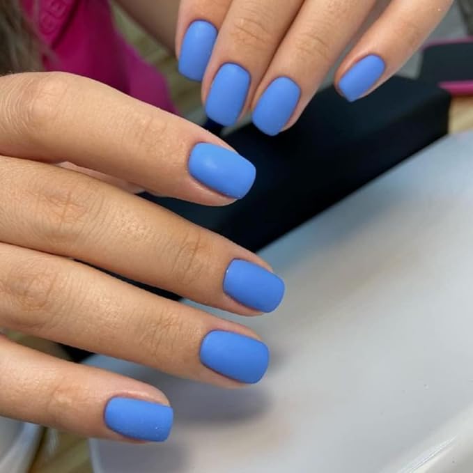 Baby Blue Press on Nails Short,KQueenest Matte Acrylic Nails Press on with Solid Color Classic Fake Nails Set for Women Lady Daily Routine in 24PCS