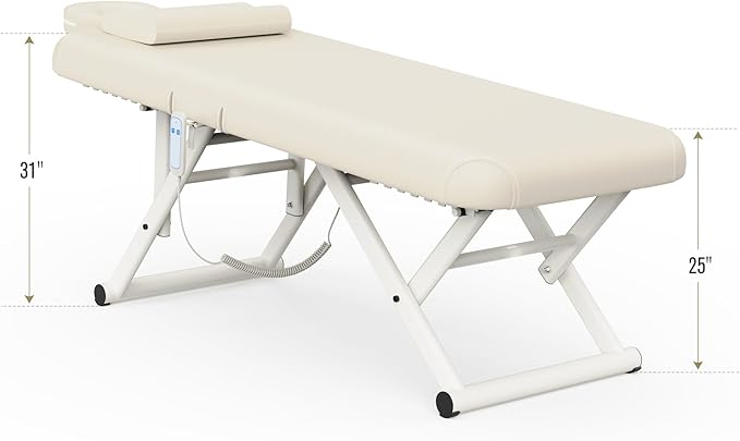 pouseayar Adjustable Massage Table with Face Pillow & Headrest, Sturdy and Solid, Silent and Easy to Adjust - Adjustable Backrest, Electric Leg Lifting, Beige Gray