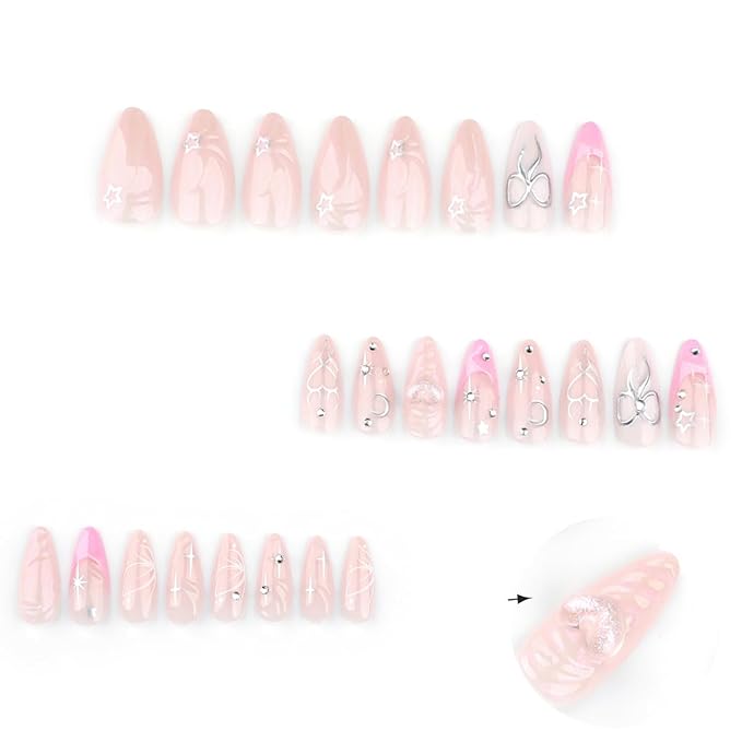 24Pcs Medium Almond Press on Nails Pink French Tip Fake Nails 3D Pink Heart Resin with Silver Star Rhinestones Glitter Full Cover Glue on Nails Artificial Cute Bow False Nails for Women Acrylic Nails