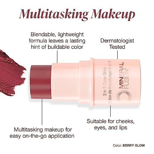 Mineral Fusion 3-in-1 Color Stick, Instant Color Pop and Blush for Cheeks, Creamy Lightweight Formula, Multi-Use Eye, Face, and Lip Makeup, Berry Glow