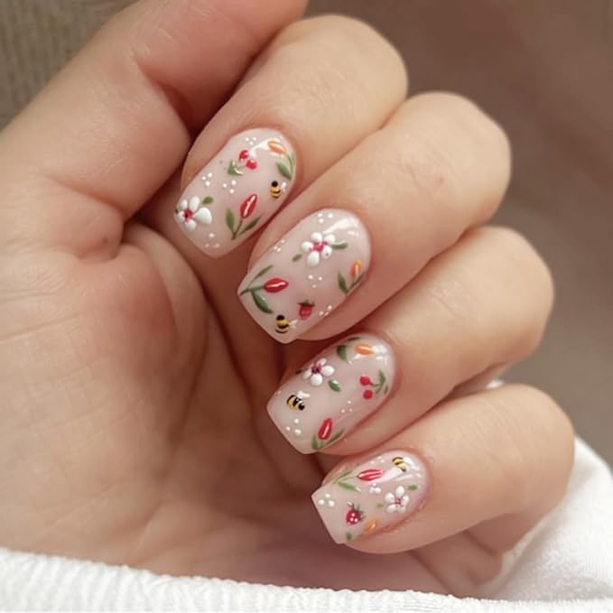 Spring Press on Nails Short Square False Nails with Flower Bee Designs Glossy Pink Fake Nails Full Cover Glue on Nails Floral Acrylic Nails Press ons Reusable Stick on Nails for Women 24Pcs