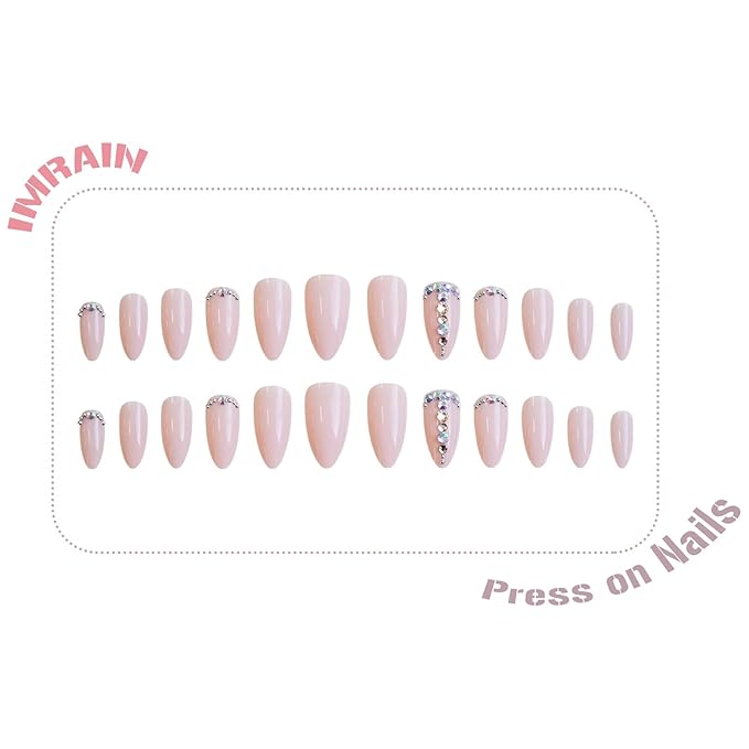 IMRAIN Press on Nails Medium Almond Fake Nails Acrylic Nail Supplies Pink Nude Glossy Nail Art Full Cover Glue on Nails Full Cover False Nails with Rhinestone Designs for Women 24Pcs