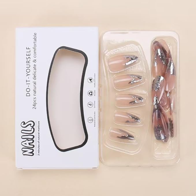 Almond Press on Nails Silver Fake Nails French Tip False Nails Press ons 3D Silver Chrome Design Glue on Acrylic Nails for Women Manicure Art Decoration 24Pcs