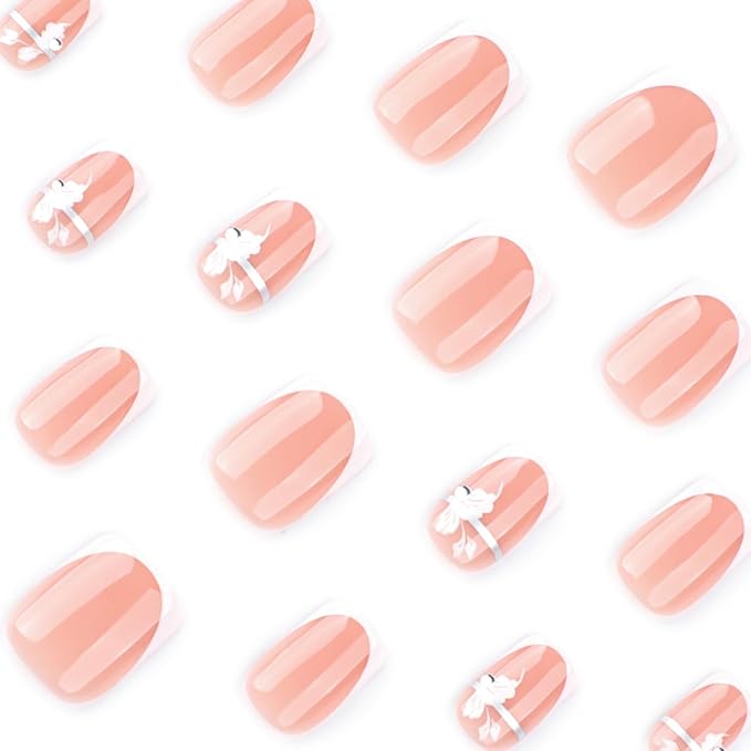 Fall Short Press On Nails Square Nude Fake Nails with White French Tips Delicately Adorned with White Flower Silver lines Fake Nails Gel Stick On Nails Set Glue on Nails for Women, 24Pcs