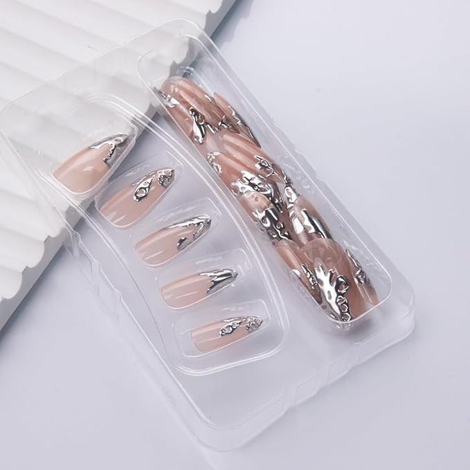 Almond Press on Nails Silver Fake Nails French Tip False Nails Press ons 3D Silver Chrome Design Glue on Acrylic Nails for Women Manicure Art Decoration 24Pcs