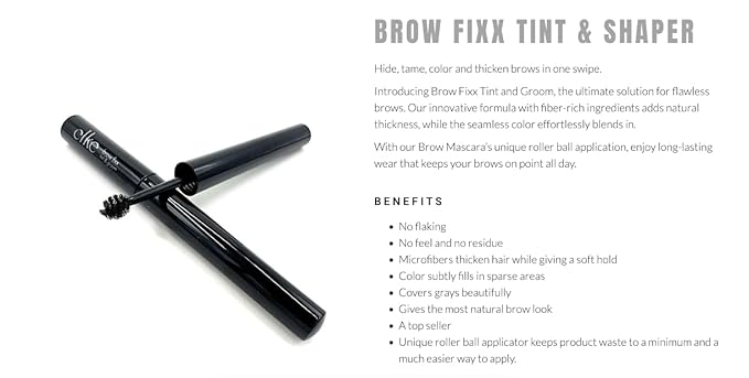elke BROW FIXX (Brunette) fiber-rich ingredients adds natural thickness unique roller ball applicator long-lasting wear water resistant non-flaking (Brunette)