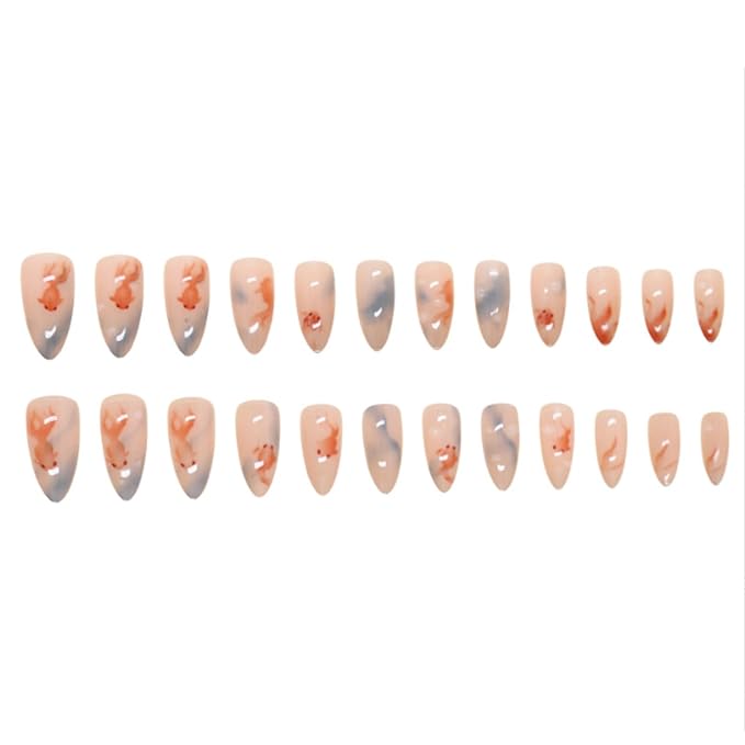 Hkanlre Fish Press on Nails Long Cute Fake Nails Tips Full Cover Almond False Blue Nails for Women and Girls 24PCS