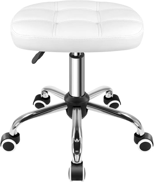FURWOO Oval Rolling Stool Height Adjustable Massage Chair with Wheels for Spa Salon White