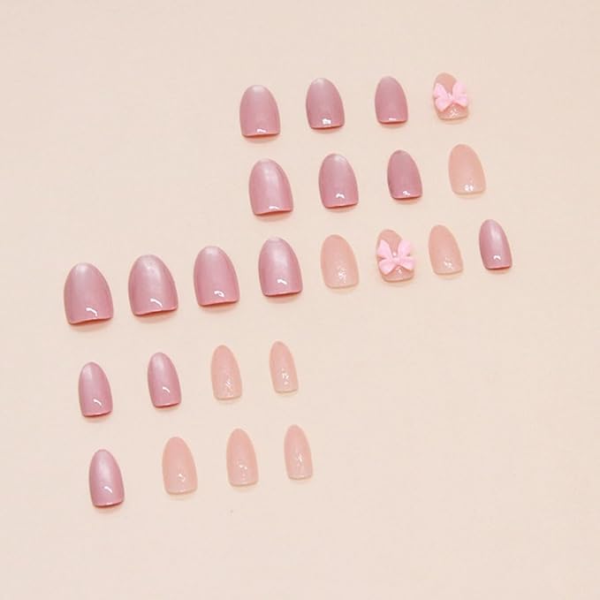 Almond Press on Nails - Medium French Tips Pink Glossy Full Cover Nails for Women - 30 PCS/Set (Pink Bow Nails)