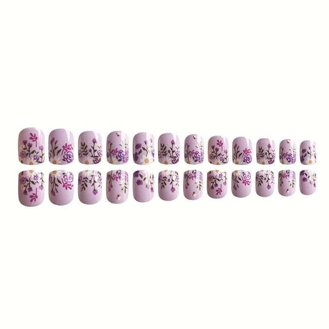 24Pcs Square Press on Nails Short Fake Nails Flame with Heart Flower Butterfly Design Cute False Nails Pink Glue on Nails Glossy Valentines Acrylic Artificial Nails Glossy Stick on Nails for Women