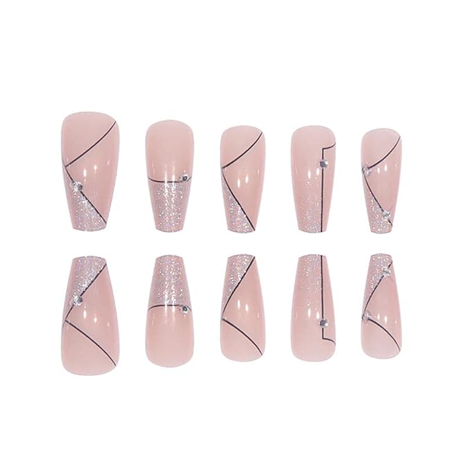 RikView French Tip Press on Nails Medium Fake Nails Coffin Acrylic Nails Nude Nails for Women and Girls