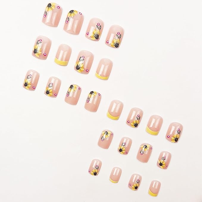 Flower Press on Nails Short Square Fake Nails Pink False Nails Floral Leaf Glossy Full Cover Acrylic Nails Artificial Cute Stick on Nail for Women Manicure 24Pcs