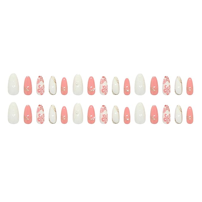 30Pcs Flower Press on Nails Medium Almond Fake Nails Delicate Floral with Pearl Glossy Design Pink White Full Cover Stick on Nails Spring Summer False Nails Acrylic Nails French for Women Manicure