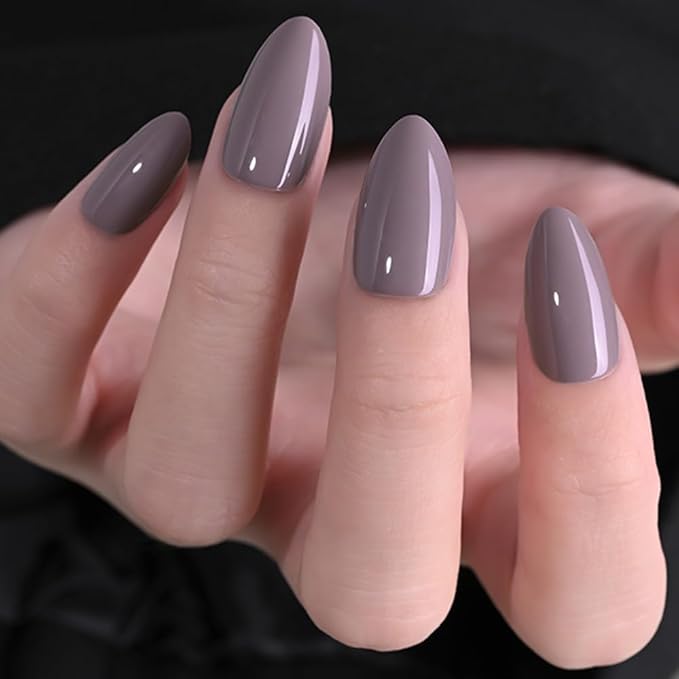 evpct Glossy Press on Nails Short Almond Short for Women, Taupe Grey Fake Nail with Glue Salon Quality Reusable Stick on Nails In 15 Sizes 30Pcs Full Cover False Nail Soft Gel Set Kit for Gift, 17