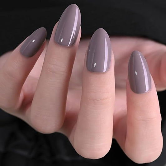 evpct Glossy Press on Nails Short Almond Short for Women, Taupe Grey Fake Nail with Glue Salon Quality Reusable Stick on Nails In 15 Sizes 30Pcs Full Cover False Nail Soft Gel Set Kit for Gift, 17