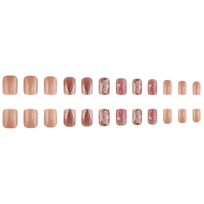 24Pcs French Tip Press on Nails Short Square Fake Nails with Gold Glitter Designs White Flower False Nails Reusable Spring Acrylic Nails Press on Full Cover Solid Color Glue on Nails for Women Nails