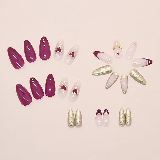 Press on Nails Long Almond Fake Nails Heart Star Gold Design French Tip False Nail Stick on Nails with Pearl Rhinestones Glossy Acrylic Reusable Nail Daily Wear DIY Nail Decoration Supplies for Women